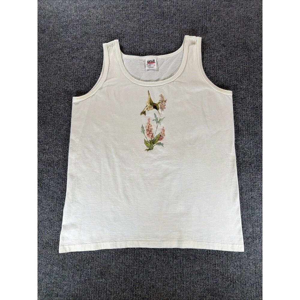 Vtg Anvil Tank Top Women’s L Hummingbird Lilac Print Made in USA 90s